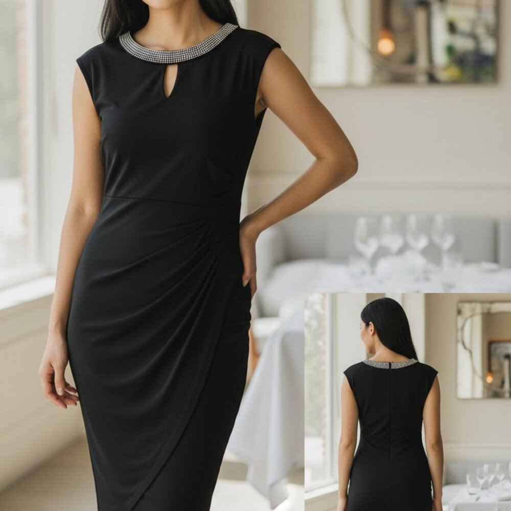 Black Karina Womens Sleeveless Cocktail Dress With Rhinestone Collar Keyhole Bac